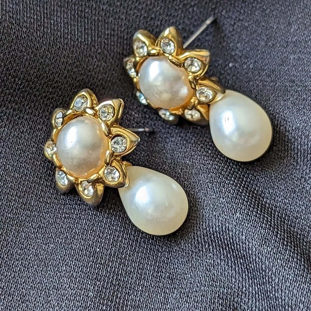 Richelieu Vintage Faux Pearl Diamond Earrings drop floral pearls post ba…